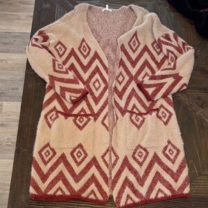 Maurices Red and Cream Geometric Cardigan